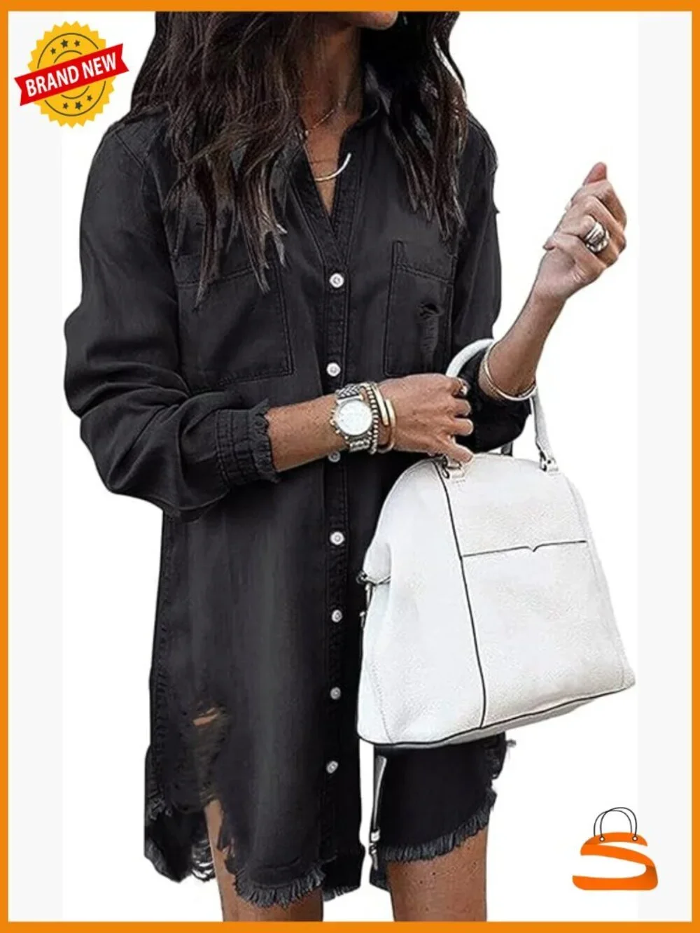 Distressed Denim Shirt Dress Button Down Long Sleeve Jean Tunic
